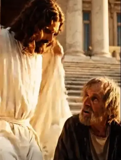 ✨ Jesus places His torn robe on the old man—dirty clothes transform into an elegant black suit. The man rises young and strong, and they share a warm smile.